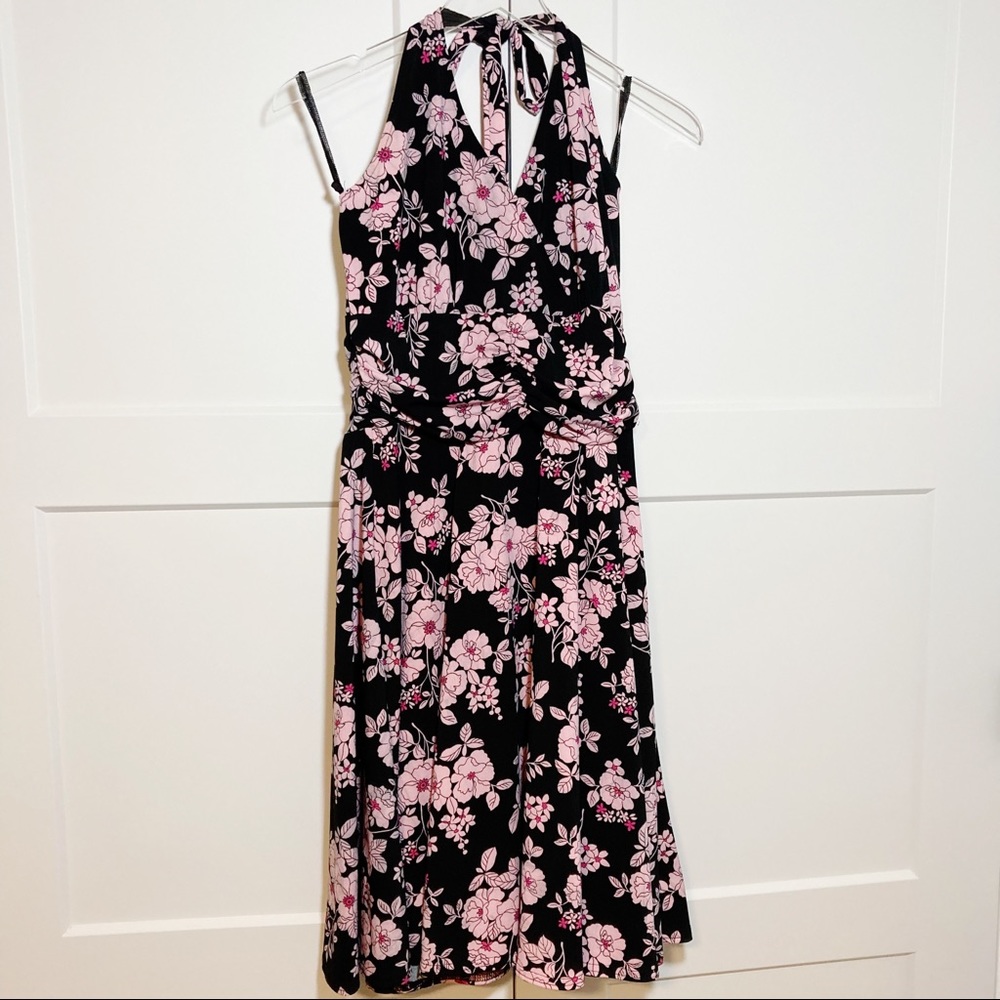 Ronni Nicole Ruched Halter Dress Black Pink Floral Vintage